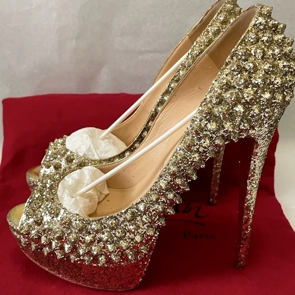 Christian Louboutin “Glitter Specchio” Lady Peep spikes.EU38 140mm 1” platform.